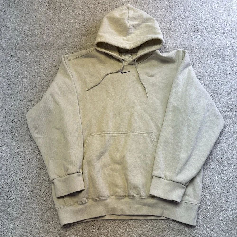 Vintage Y2K Nike Center Swoosh Beige Distressed Pullover‎ Hoodie Size Medium